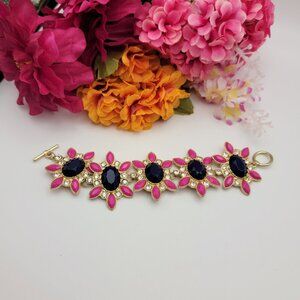 Gold Tone Multicolor Crystal Statement Bracelet 7.25" Toggle Clasp